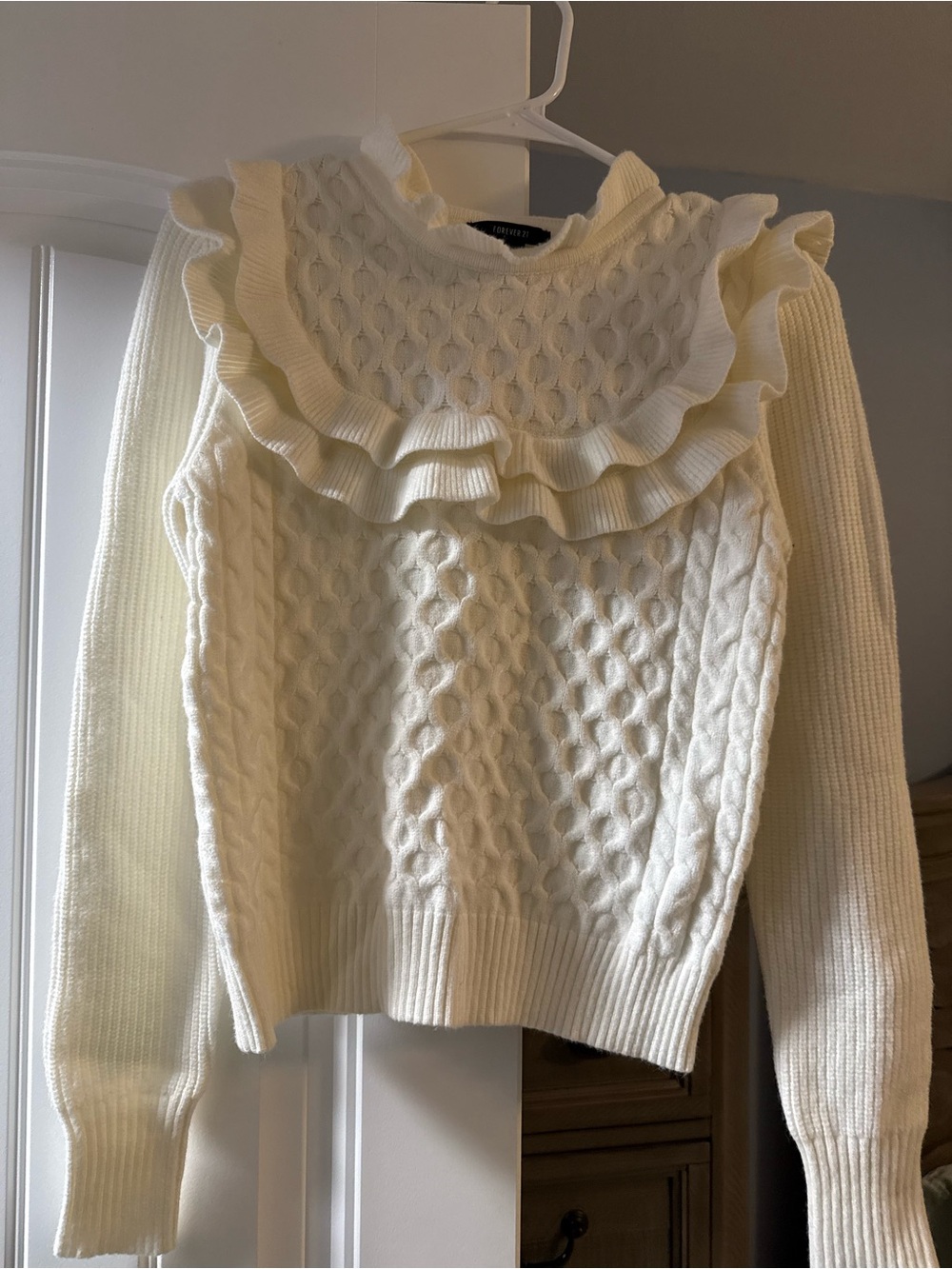 Forever 21 Cream Ruffle Cable Knit Sweater